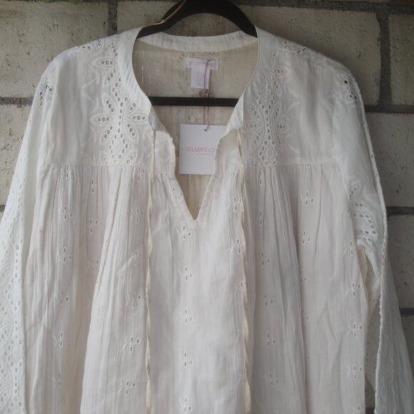 NEW Shabby Chic Women's Size XL Cotton Peasant Blouse Cream Eyelet Long Sleeve - Picture 6 of 7